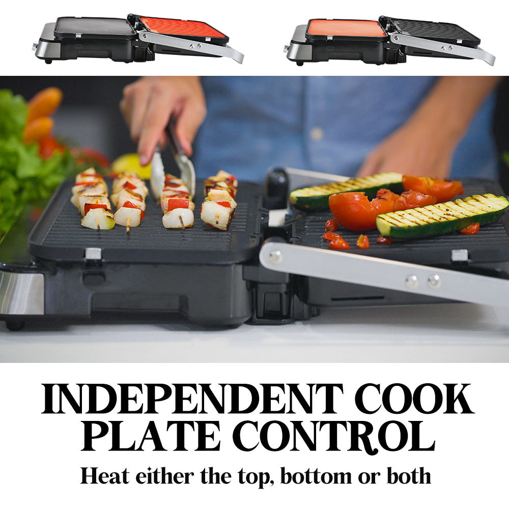 Portable grill with independent cook plate control, showing food being cooked.