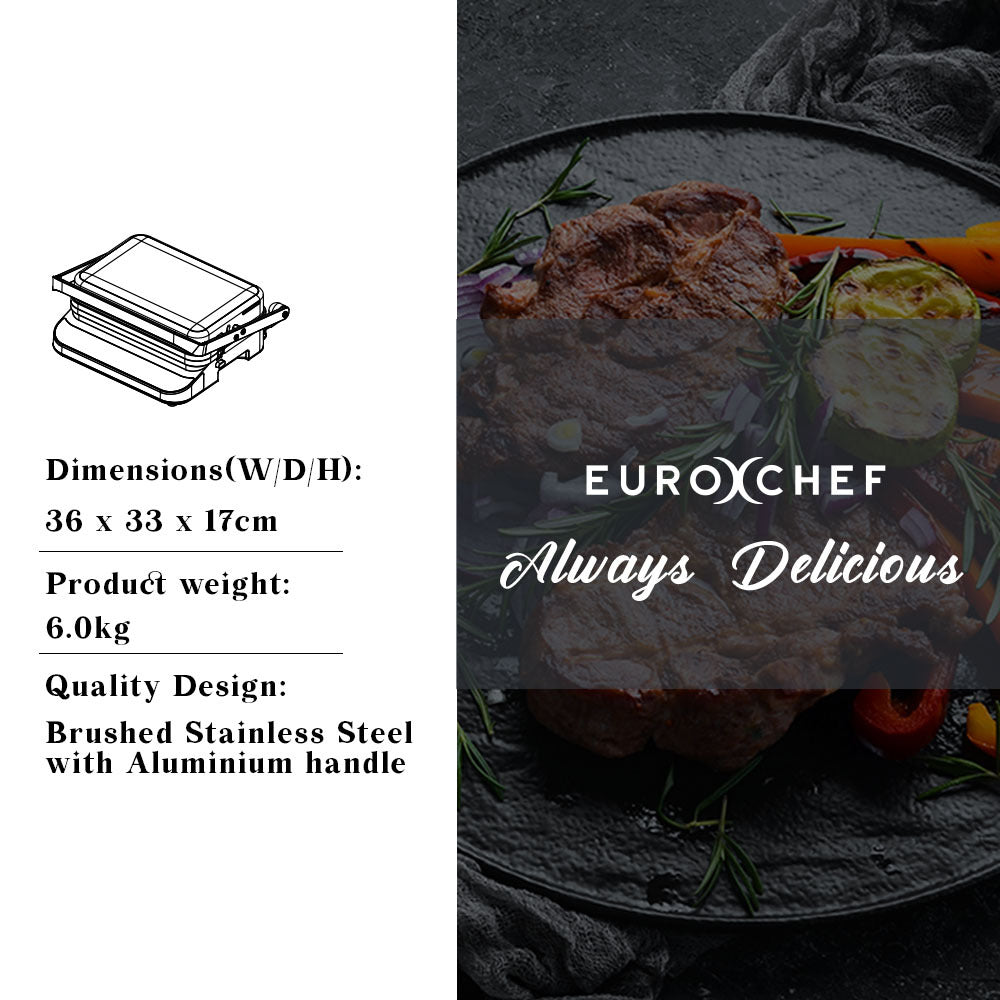 EuroChef grill with food on a dark surface, featuring product details on the left.