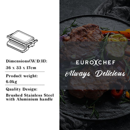 EuroChef grill with food on a dark surface, featuring product details on the left.