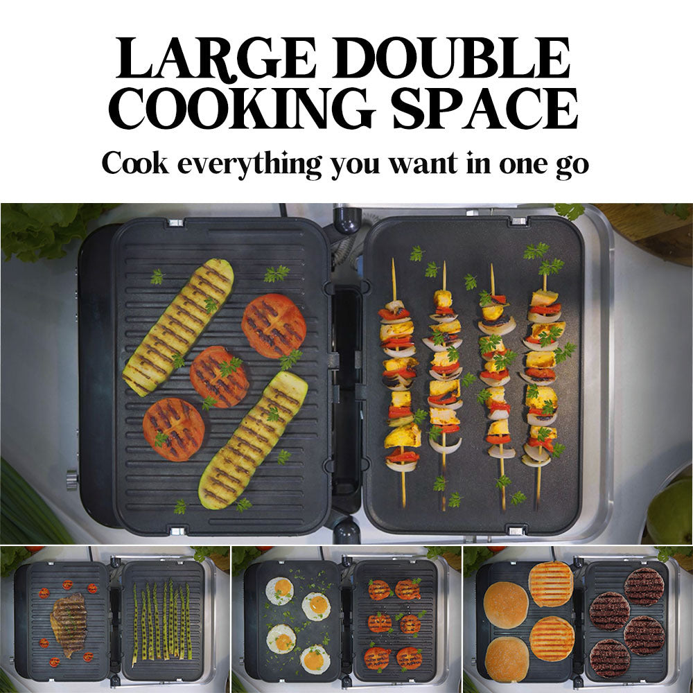 Multifunctional cooking device with various food items being cooked on its surface.