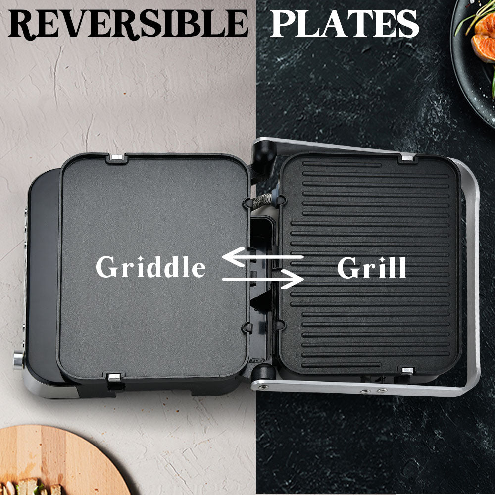 Multifunctional cooking appliance with reversible plates labeled 'Griddle' and 'Grill'.