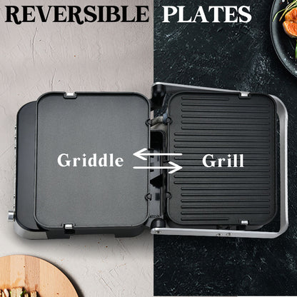 Multifunctional cooking appliance with reversible plates labeled 'Griddle' and 'Grill'.