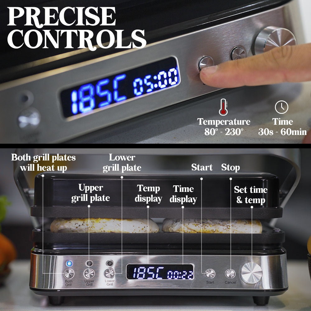 Digital toaster oven with temperature and time controls, showing a finger adjusting settings.