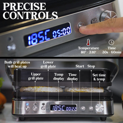 Digital toaster oven with temperature and time controls, showing a finger adjusting settings.