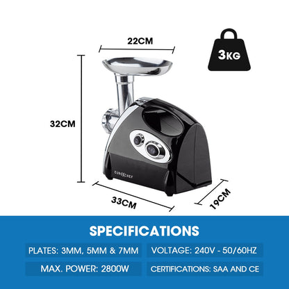 Black meat grinder with measurements and specifications on a white background