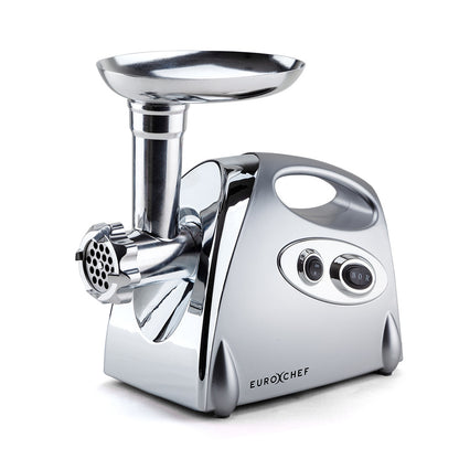 Metallic meat grinder with 'EuroChef' branding on a white background