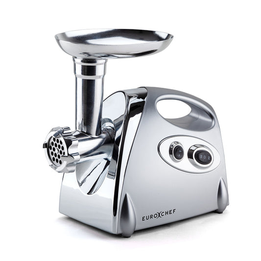 Metallic meat grinder with 'EuroChef' branding on a white background