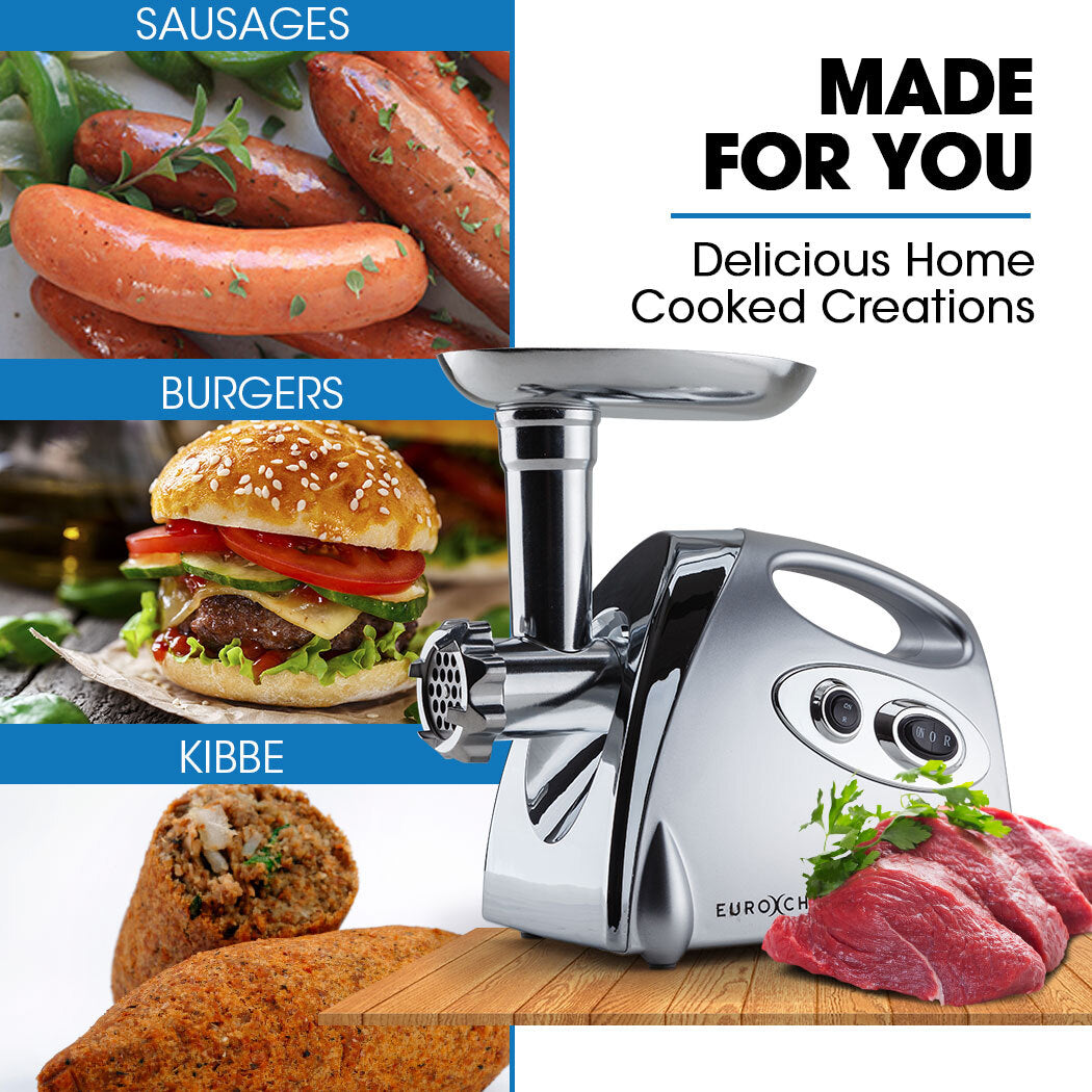 Meat grinder with sausages, burgers, and kibbe displayed around it.
