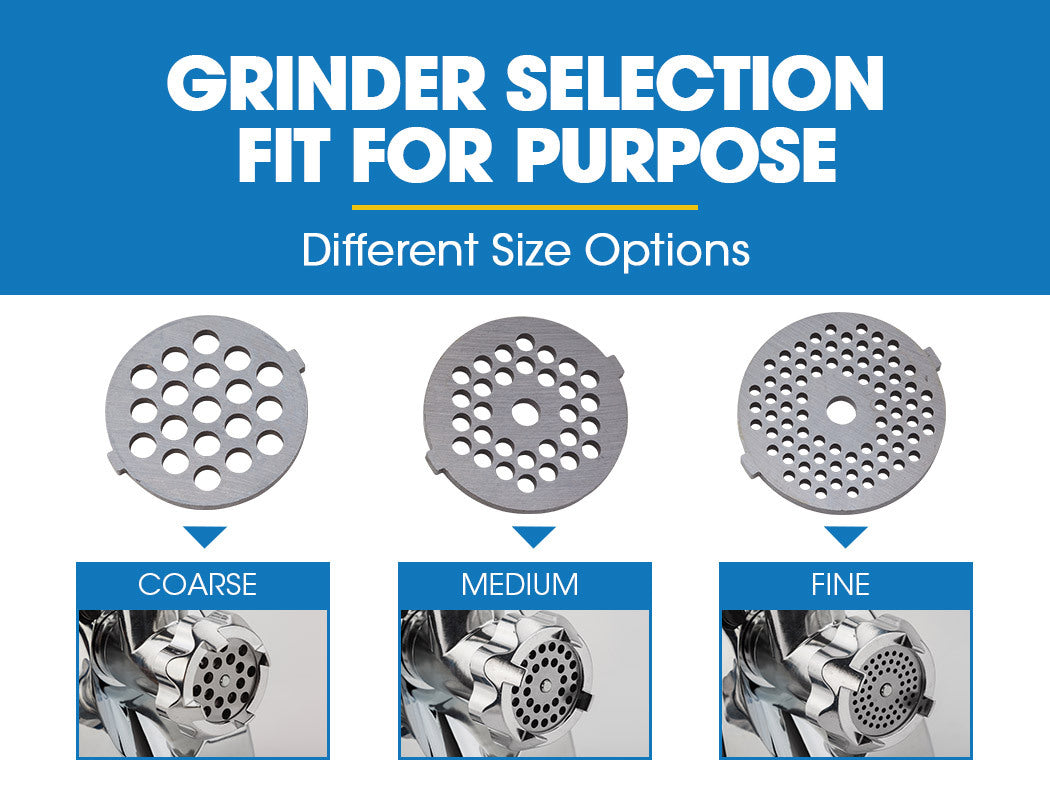 Grinder selection chart with different size options on a blue background
