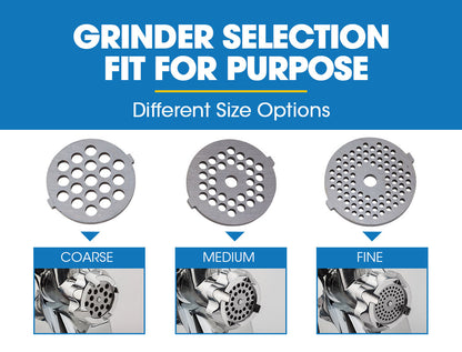Grinder selection chart with different size options on a blue background