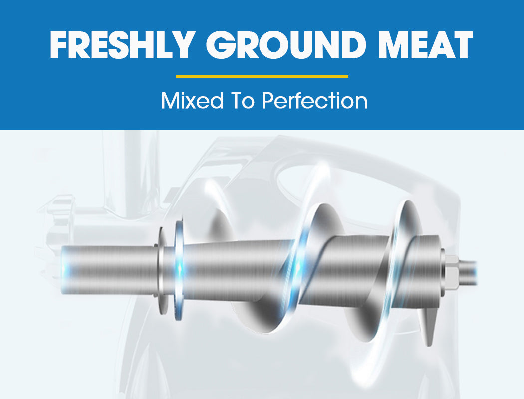 Mixer blade with 'Freshly Ground Meat' text on a blue background