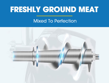 Mixer blade with 'Freshly Ground Meat' text on a blue background
