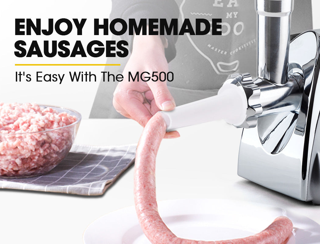 Person using a sausage-making machine with text promoting homemade sausages and the MG500 model.