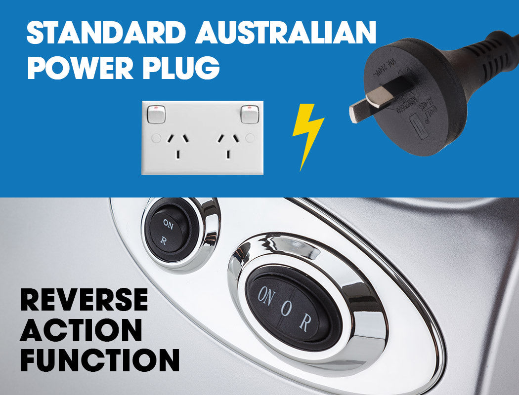 Power plug and socket with a blue background, featuring text about standard Australian power plugs and reverse action function.