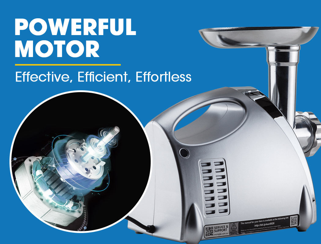 Electric meat grinder with powerful motor feature on a blue background