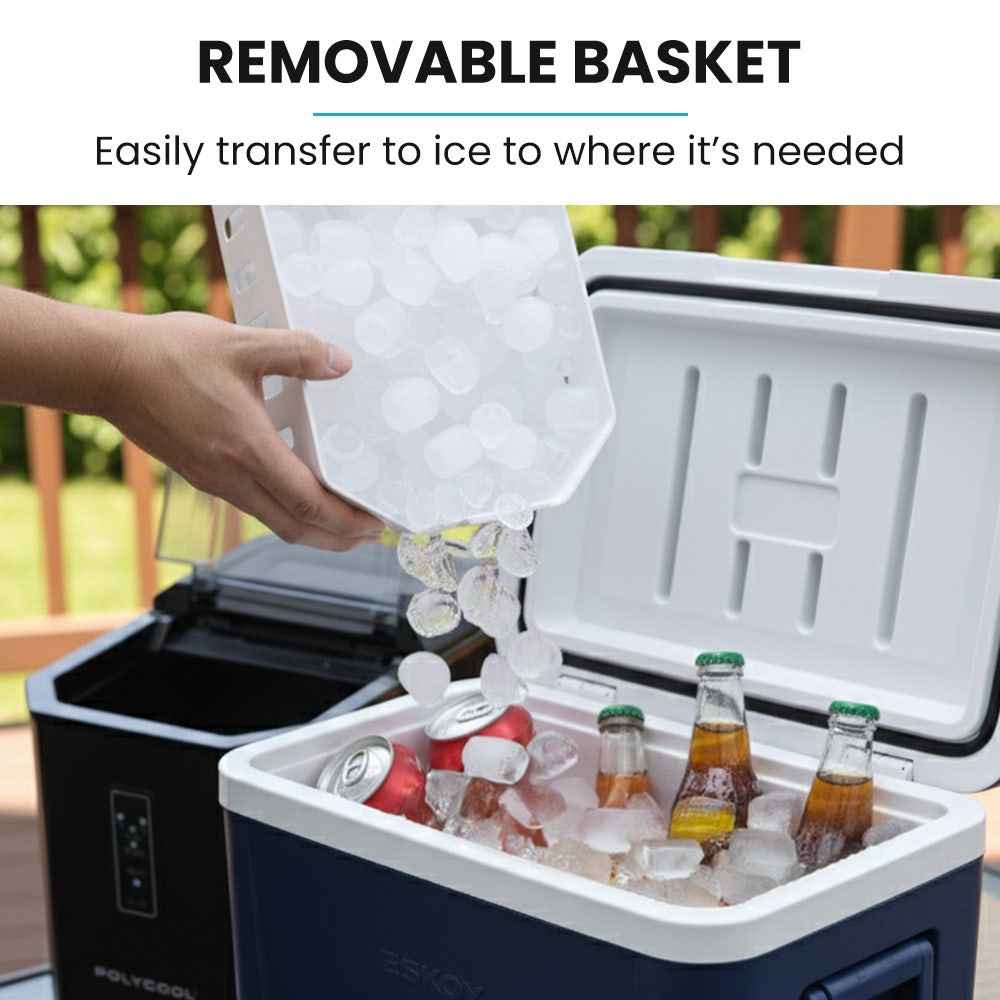 POLYCOOL Portable Ice Maker Machine, Automatic, 12kg/day,  Auto Clean, with Scoop and Removable Basket, Black
