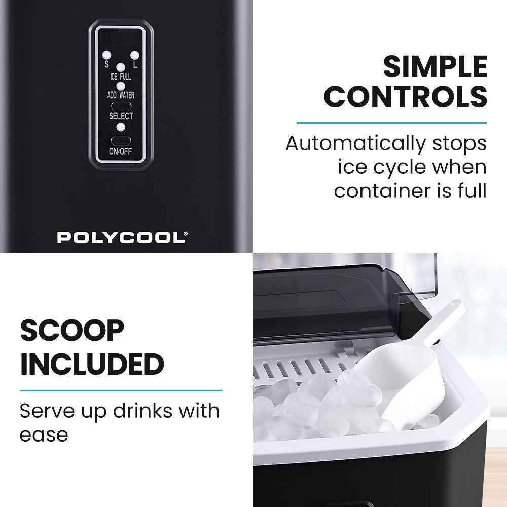 POLYCOOL Portable Ice Maker Machine, Automatic, 12kg/day,  Auto Clean, with Scoop and Removable Basket, Black