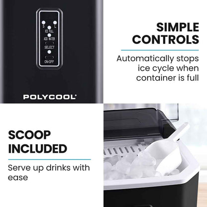 POLYCOOL Portable Ice Maker Machine, Automatic, 12kg/day,  Auto Clean, with Scoop and Removable Basket, Black
