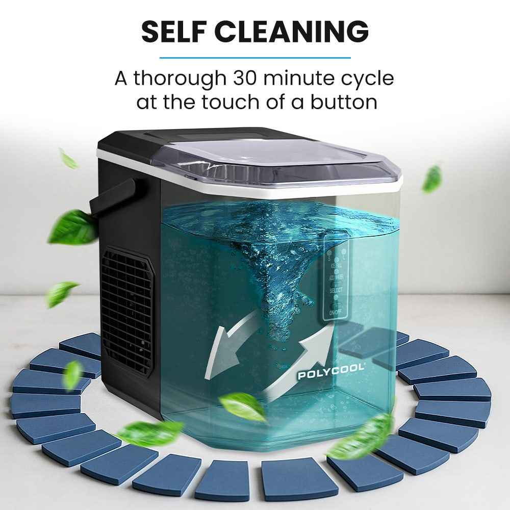 POLYCOOL Portable Ice Maker Machine, Automatic, 12kg/day,  Auto Clean, with Scoop and Removable Basket, Black