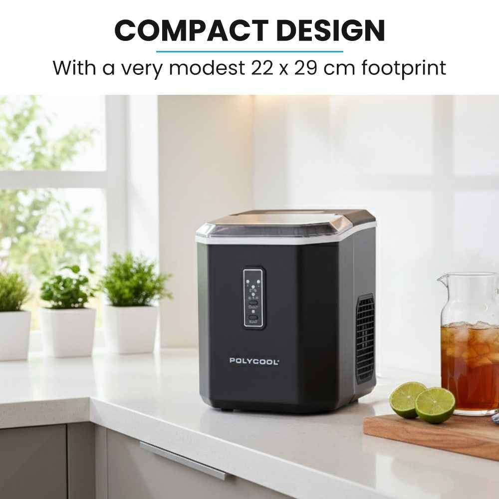 POLYCOOL Portable Ice Maker Machine, Automatic, 12kg/day,  Auto Clean, with Scoop and Removable Basket, Black
