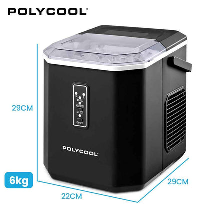 POLYCOOL Portable Ice Maker Machine, Automatic, 12kg/day,  Auto Clean, with Scoop and Removable Basket, Black