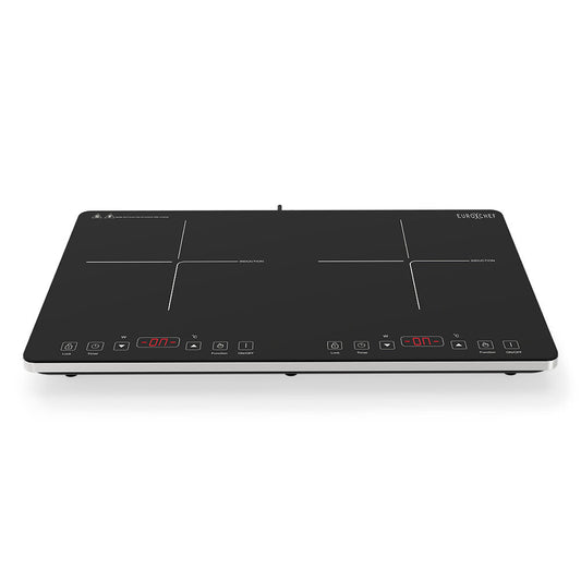 Black induction cooktop with digital display on a white background