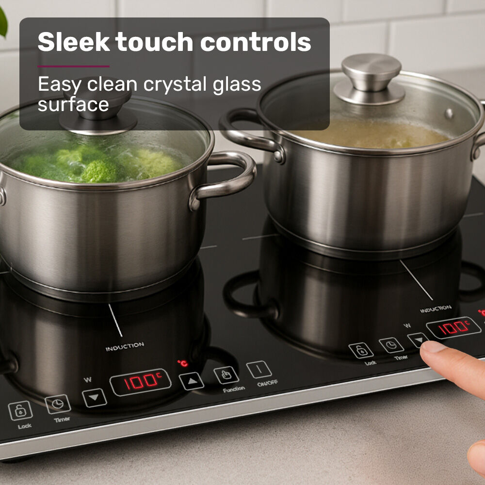 Induction cooktop with pots on a kitchen counter, featuring text about touch controls and crystal glass surface.