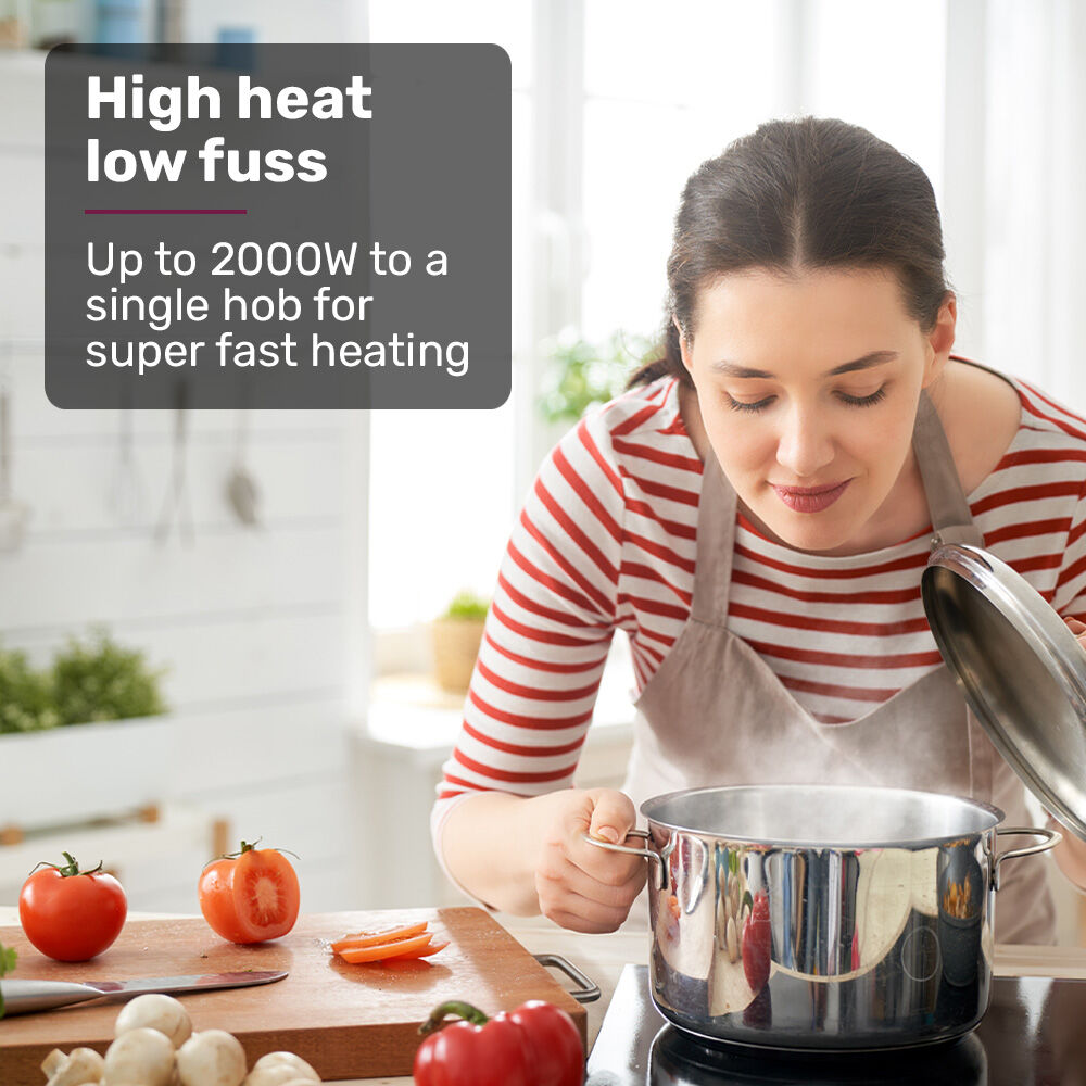 Woman cooking in a kitchen with text about high heat and low fuss cooking.