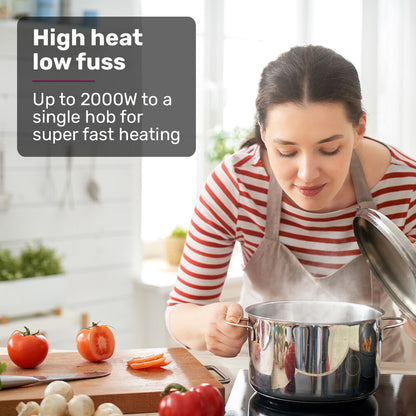 Woman cooking in a kitchen with text about high heat and low fuss cooking.
