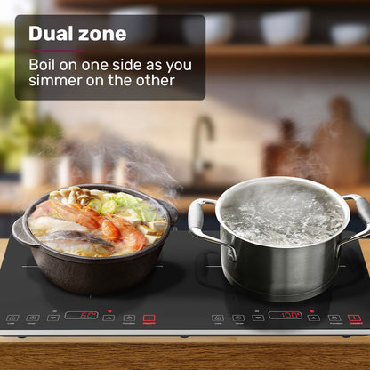 Induction cooktop with two pots cooking on it, one with food and the other boiling water, in a kitchen setting.