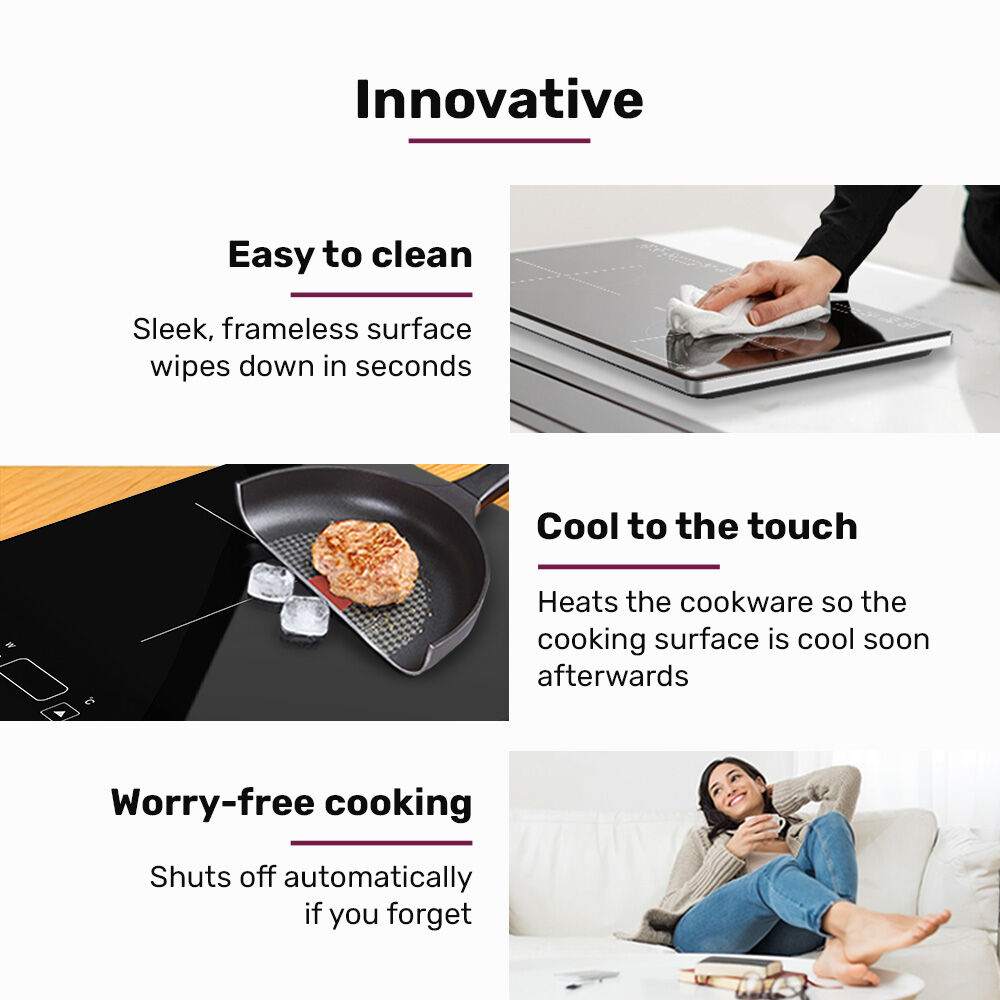 Product features with text on an innovative cooktop, cleaning, and safety.