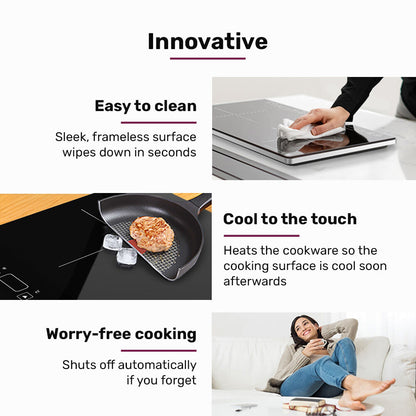 Product features with text on an innovative cooktop, cleaning, and safety.