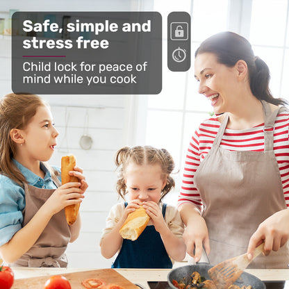 Woman and two children in a kitchen with text about a child lock feature.