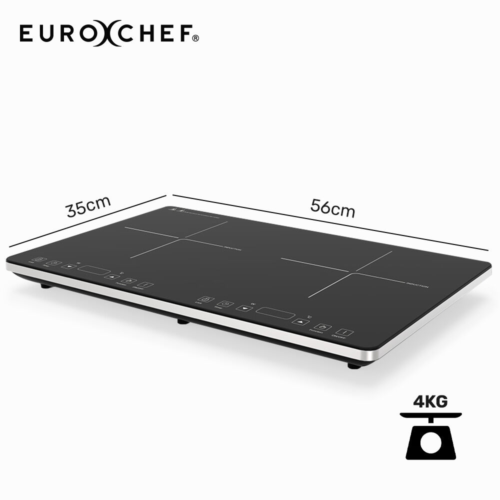 EuroChef induction cooktop with dimensions and weight displayed on a white background