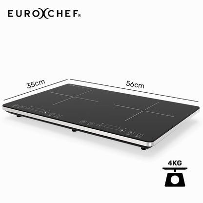 EuroChef induction cooktop with dimensions and weight displayed on a white background