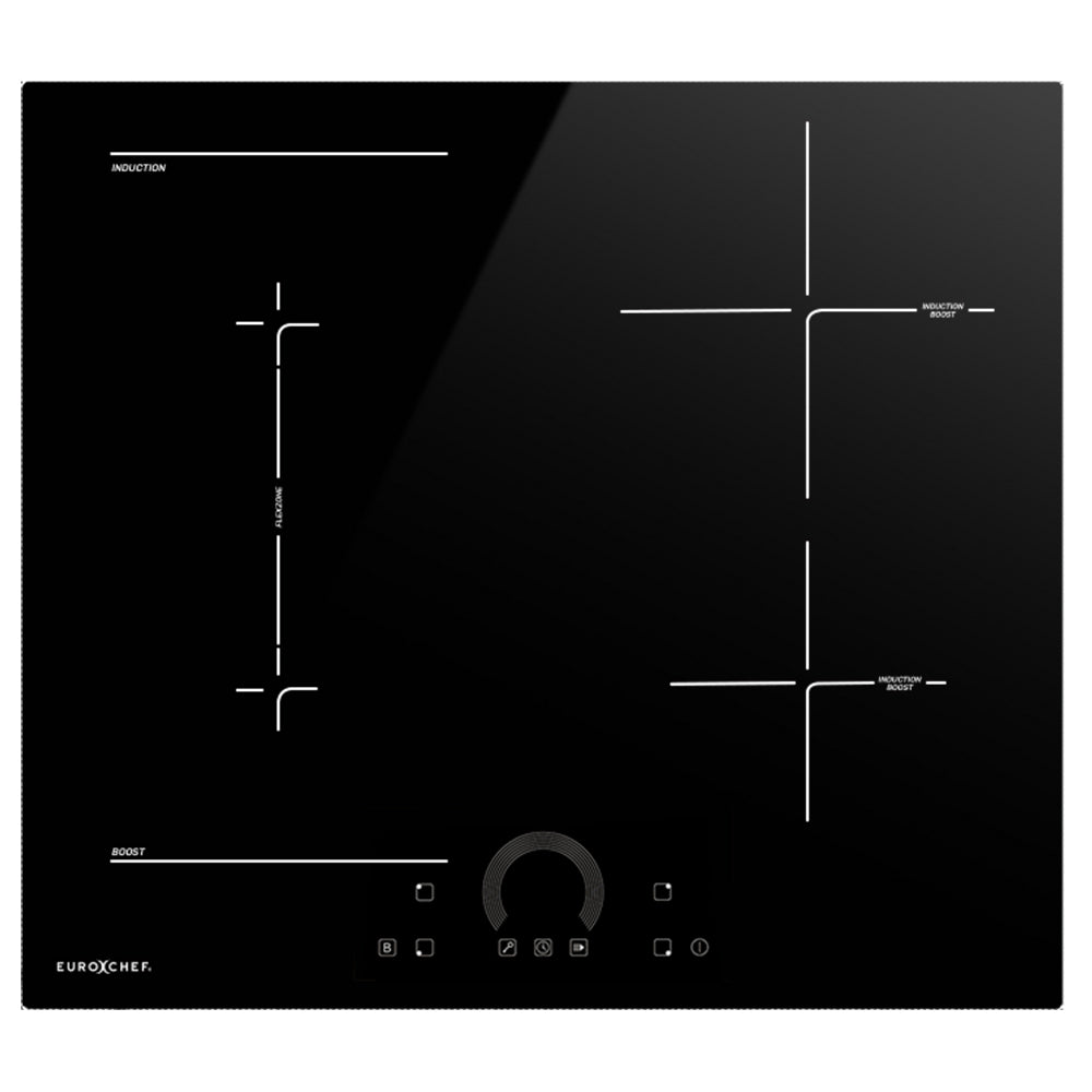 Black induction cooktop with digital display on a white background