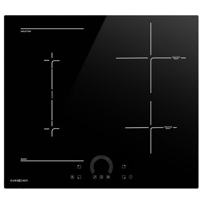 Black induction cooktop with digital display on a white background