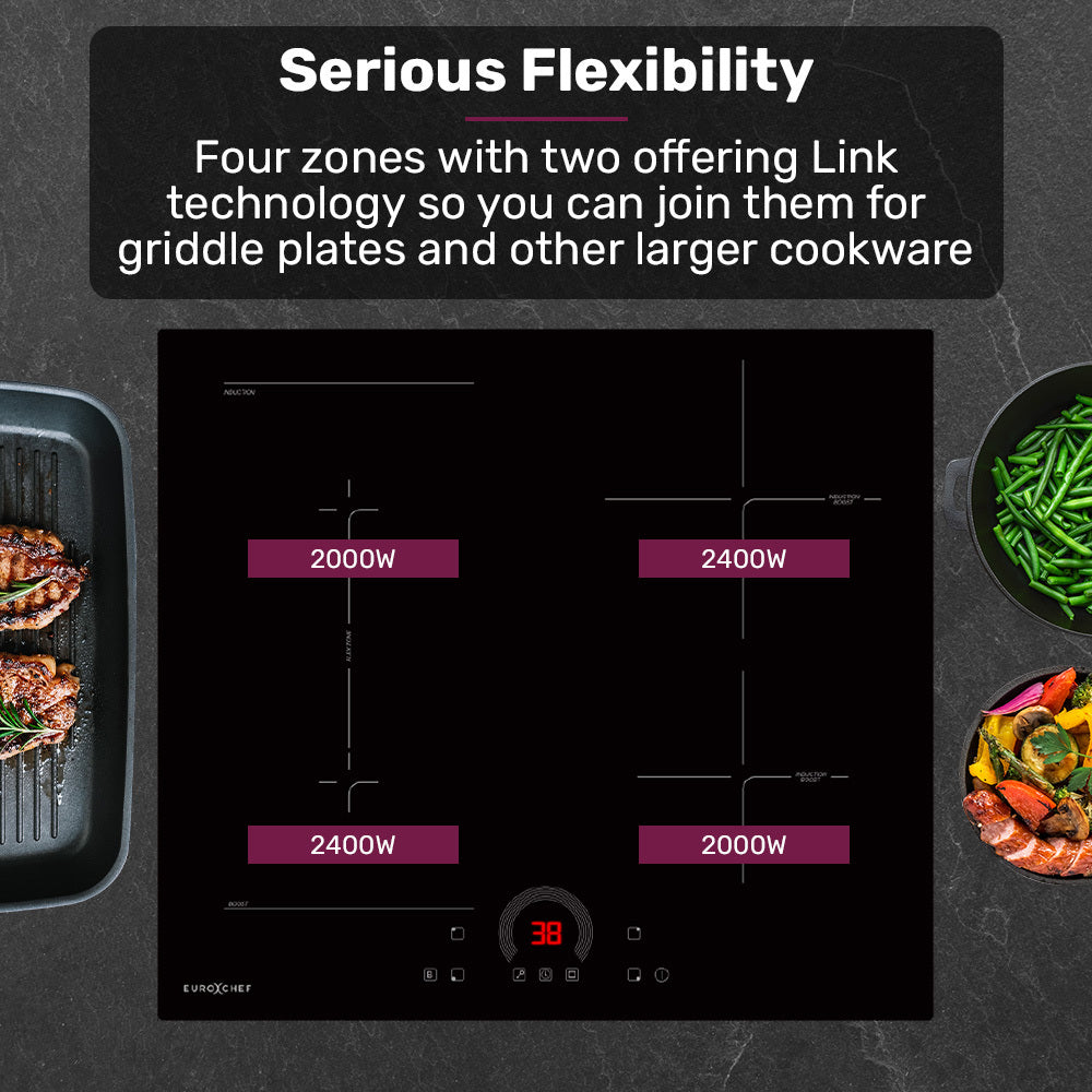 Induction cooktop with power zones and cooking scenarios on a dark background