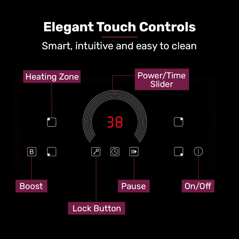 Control panel with touch controls labeled on a black background