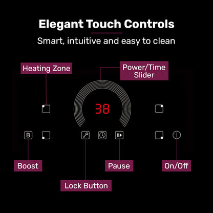 Control panel with touch controls labeled on a black background