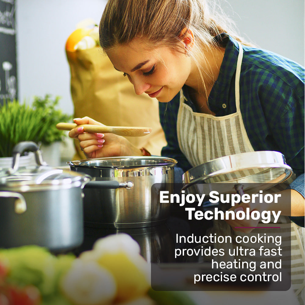 Woman cooking with pots and pans on a stove, with text about induction cooking technology.