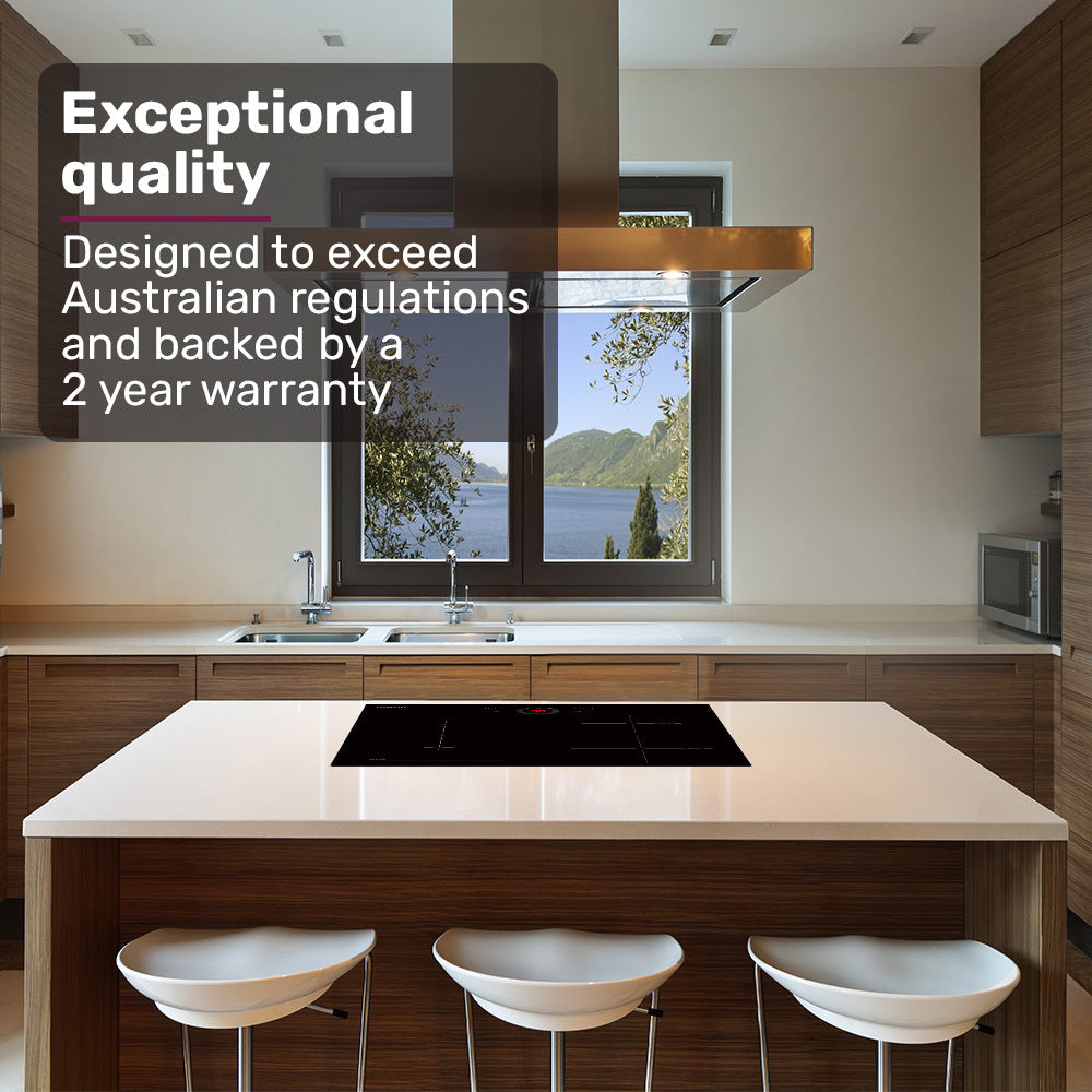 Modern kitchen with a large window, sink, and stove, featuring text about exceptional quality and warranty.