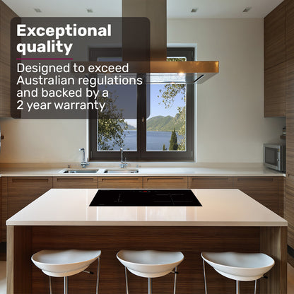 Modern kitchen with a large window, sink, and stove, featuring text about exceptional quality and warranty.