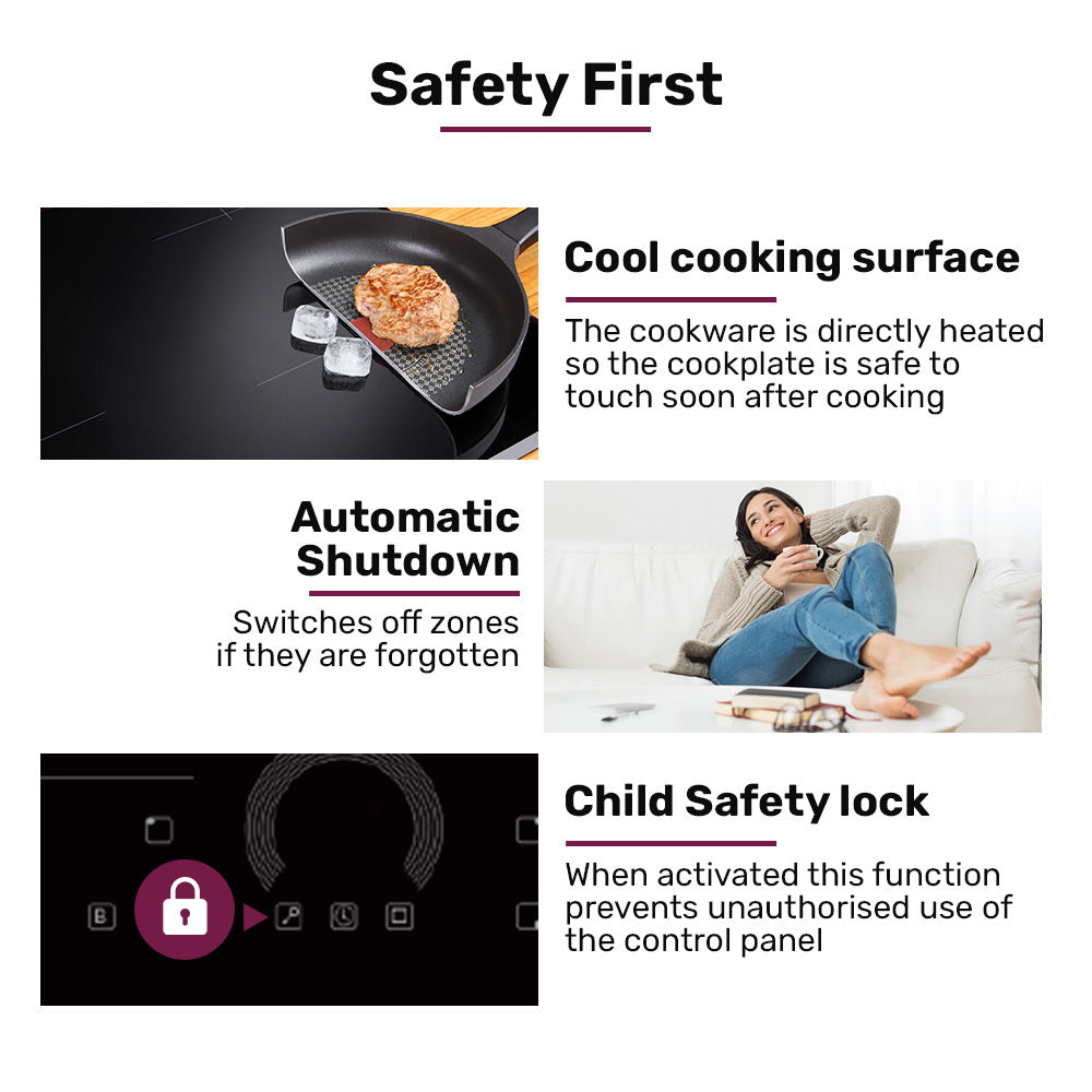 Product features with text on safety and functionality, including a cooking pan, woman using phone, and control panel.