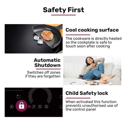 Product features with text on safety and functionality, including a cooking pan, woman using phone, and control panel.
