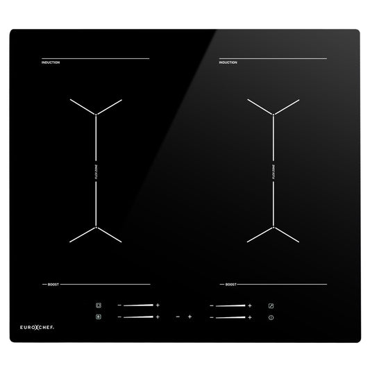 Black induction cooktop with brand logo on a white background