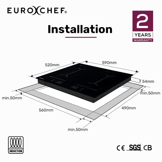EuroChef induction cooktop installation diagram with dimensions and warranty information.