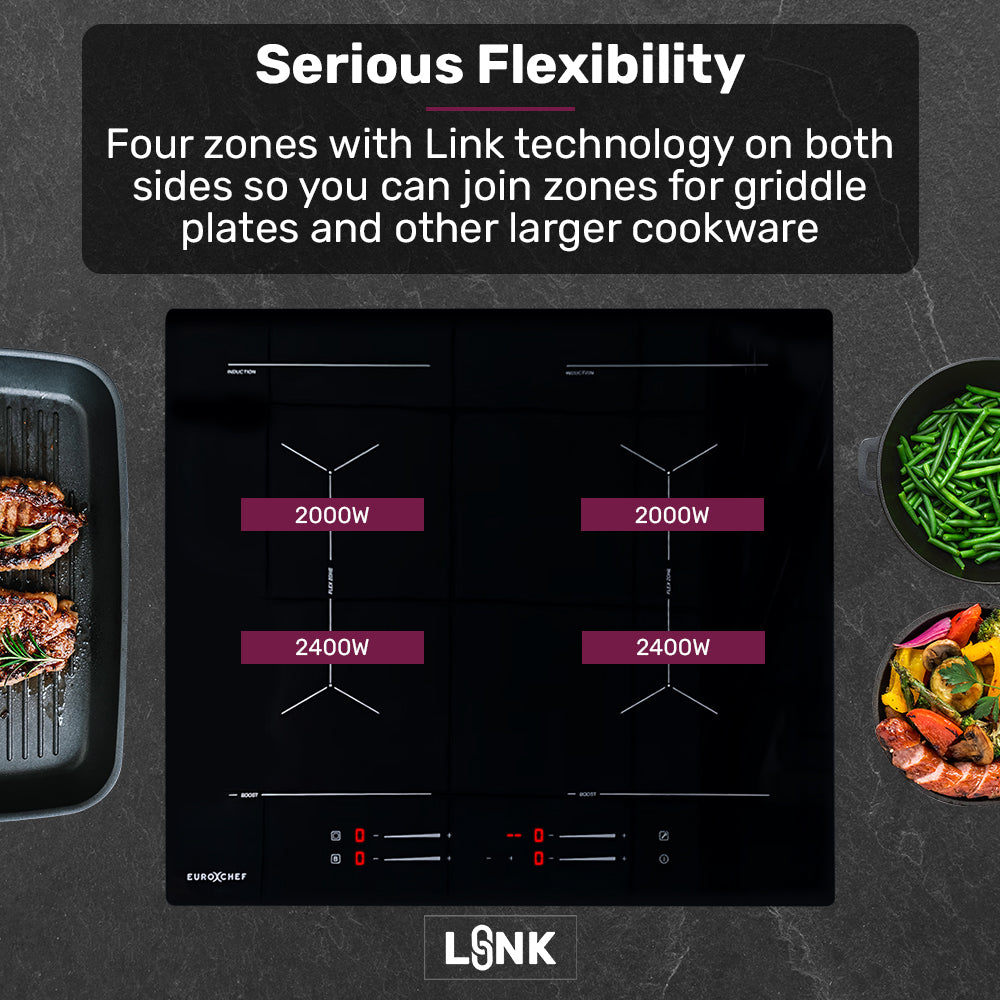 Induction cooktop with power zones and cooking scenarios on a dark surface
