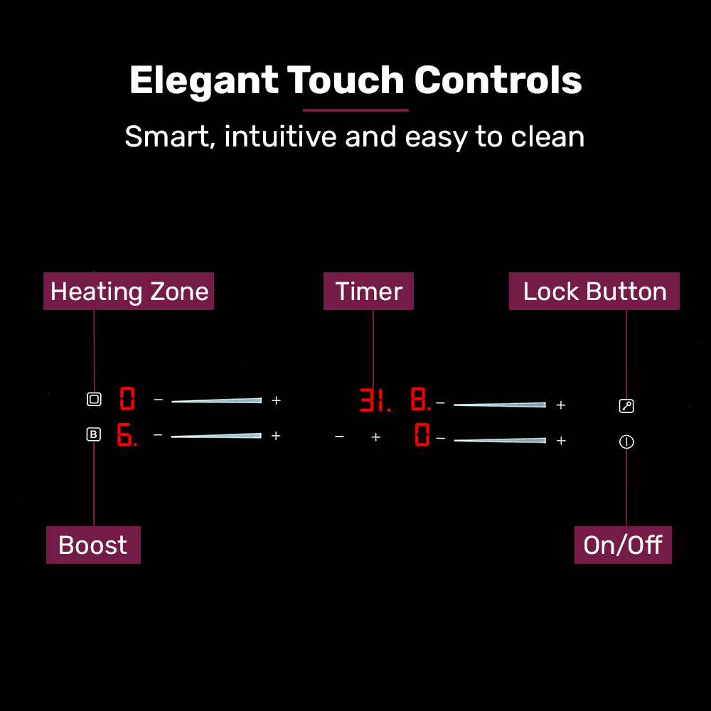 Control panel with touch controls labeled 'Heating Zone', 'Timer', 'Lock Button', 'Boost', and 'On/Off' on a black background.