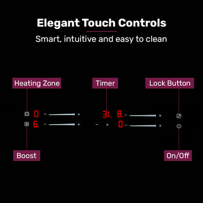 Control panel with touch controls labeled 'Heating Zone', 'Timer', 'Lock Button', 'Boost', and 'On/Off' on a black background.